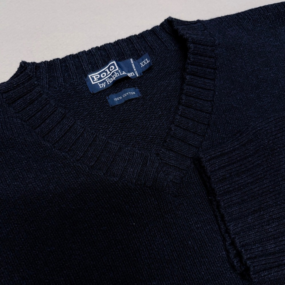Polo Ralph Lauren Navy Blue V-Neck 100% Cotton Knit Sweater Mens XXL Vintage